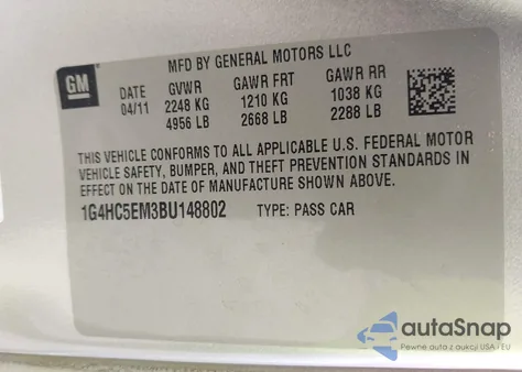 2011 Buick Lucerne Cxl z USA, uszkodzony, nr VIN 1G4HC5EM3BU148802